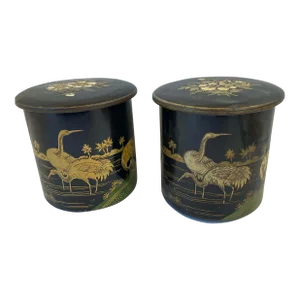 Vintage Asian Tea Tins With Bird Design - a Pair