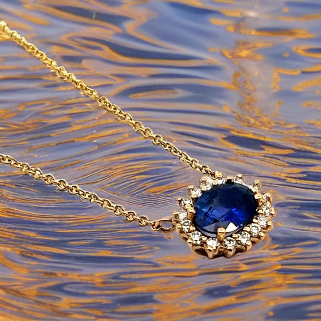 Natural Sapphire Diamond Halo Pendant With Chain 18" 14k YG 1.67 TCW Certified $4,950 300633 MADE IN ITALY Nothing says,...