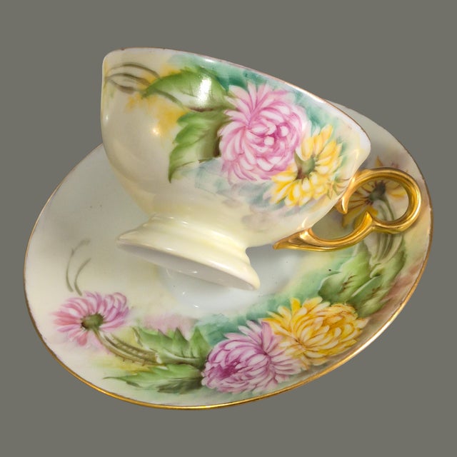 Mid 20th Century Vintage r.c. Versailles Bavaria Painted Gilded Chrysanthemums Porcelain 4piece Tea Set For Sale - Image 5 of 8