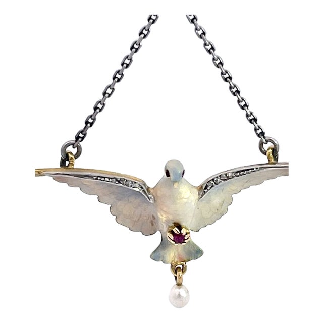 Art Nouveau 18k Gold Enamel Dove Necklace With Diamonds & Ruby, 1910 For Sale