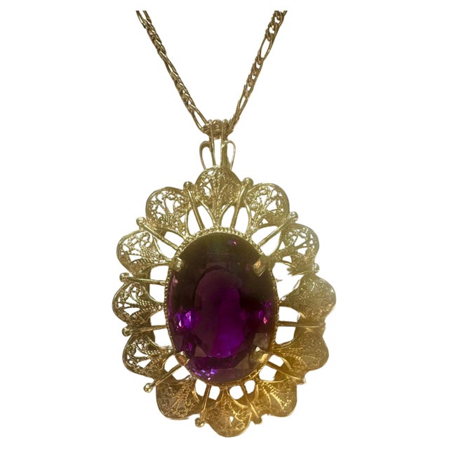 23 Carat Oval Amethyst Pendant Necklace 18 Karat Yellow Gold Vintage For Sale - Image 15 of 18