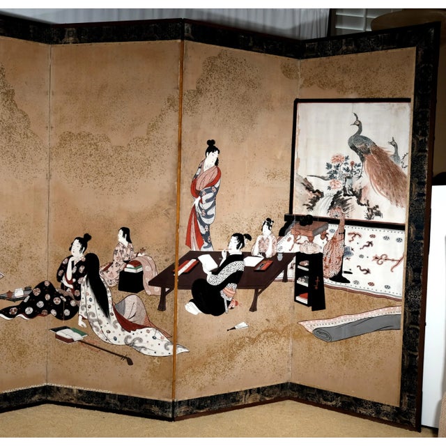 Late 19th Century Good + Condition Overall Japanese 6-Panel Byobu Tale of Genji Royal Court Byobu within Byobu Original...