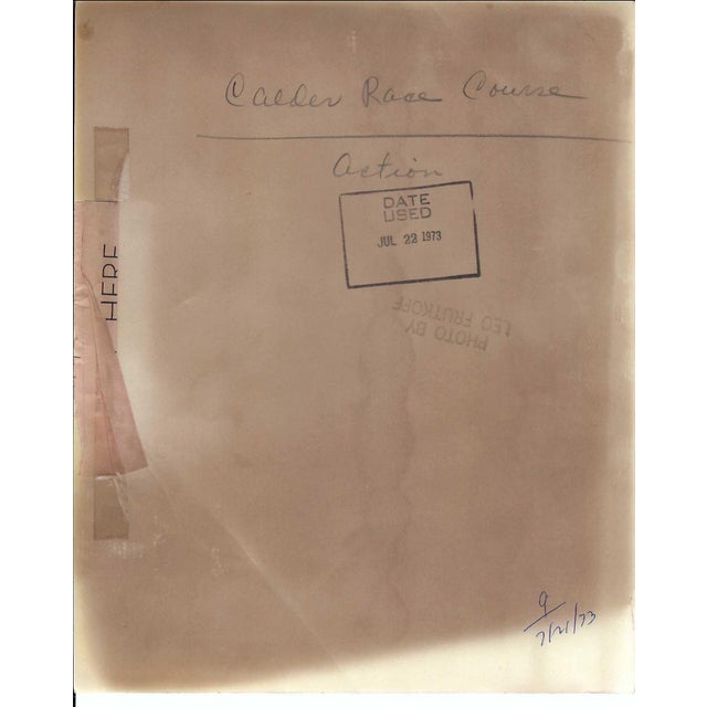 1973 black and white equestrian photograph of thew Calder Race Course in Miami by Leo Frutkoff. Publication information on...