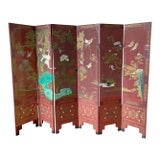 Antique Oriental Asian Red Coromandel Six Panel Folding Screen Birds in Garden For Sale