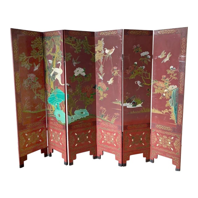 Antique Oriental Asian Red Coromandel Six Panel Folding Screen Birds in Garden For Sale