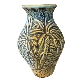 Antique Weller Marvo 1920s Art Deco Pottery Green Palm Frond 7" Vase For Sale