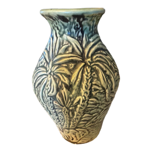 Antique Weller Marvo 1920s Art Deco Pottery Green Palm Frond 7" Vase