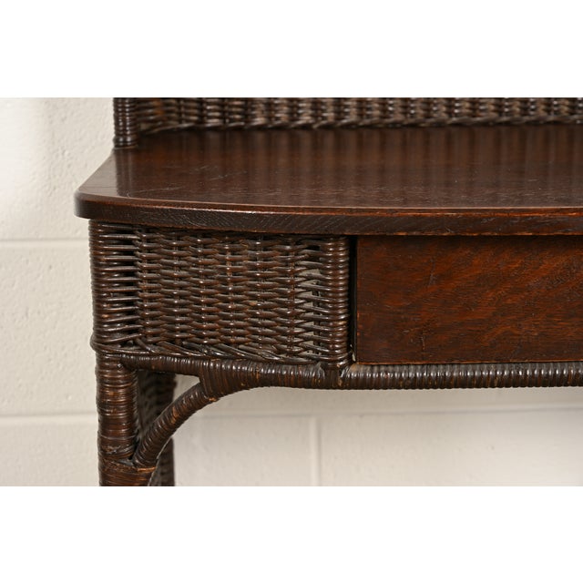 Brown Heywood-Wakefield Antique Arts & Crafts Mission Oak & Rattan Wicker Writing Desk | Circa 1890s For Sale - Image 8 of 15
