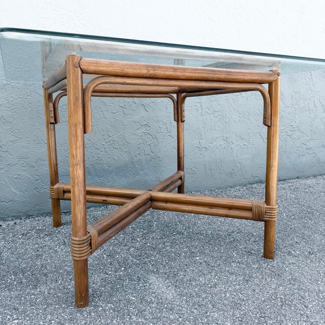 Vintage Boho Chic Rattan Square Glass Top Dining Table For Sale - Image 4 of 5