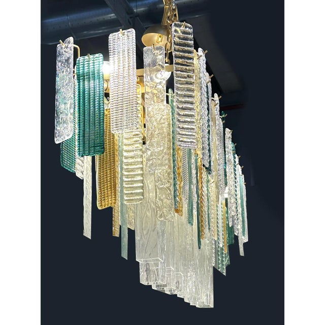 Scenographic italian hand-made chandelier with multicolors strip “listelli”, elements of murano glass. huge rectangular...