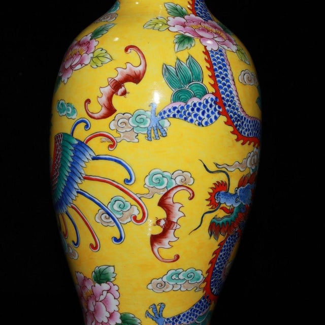 Vintage Chinese Gilt Copper Enamel "Dragon & Phoenix" Vase, Qianlong Mark - 615g For Sale - Image 4 of 9