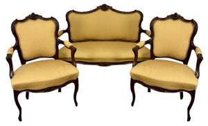 Antique Victorian French Suite in Carved Walnut, 1860, Set of 3