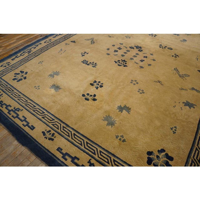 Chinese 1900s Beige Open Field & Blue Border Foliate Pattern Antique Chinese Peking Rug For Sale - Image 3 of 11