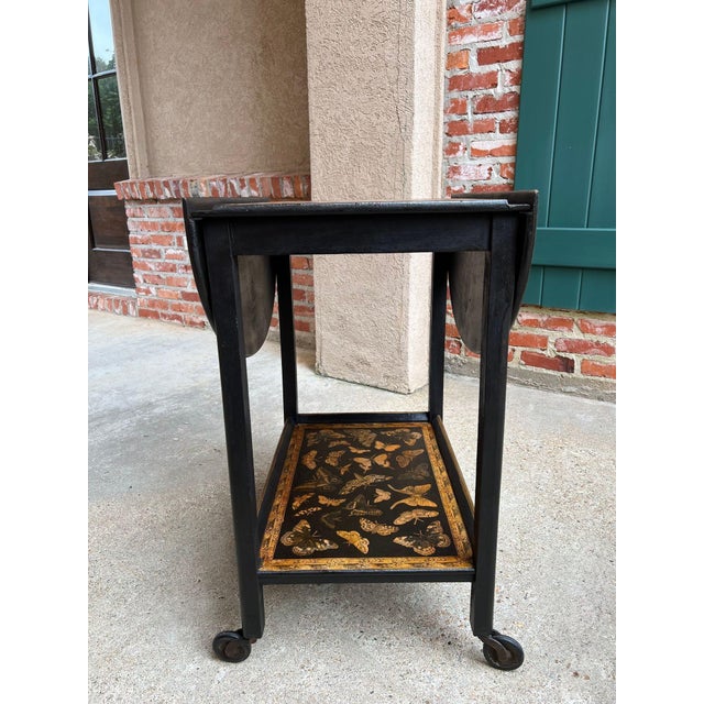 Vintage English Bar Cart Trolley Drop Leaf Chinoiserie Butterfly Lacquer Table For Sale - Image 12 of 18