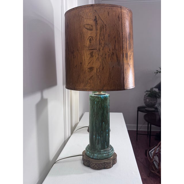 Vintage Mid Century Hollywood Regency Drip Glaze Ceramic Aqua, Brass & Gold Leaf Shaded Table Lamps, a Pair For Sale In Houston - Image 6 of 18