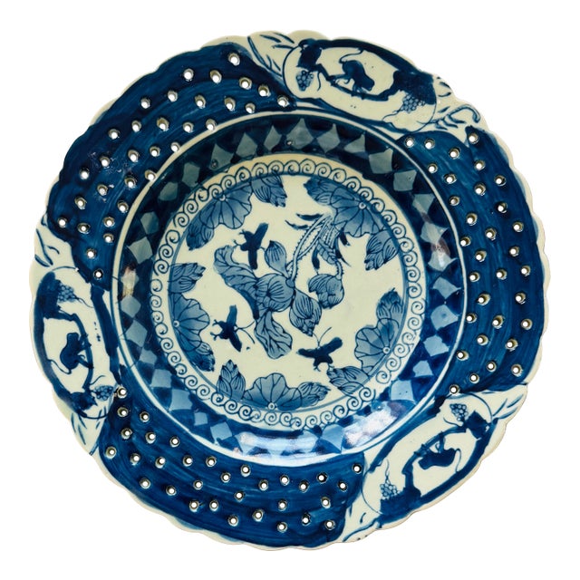 Antique Chinese Blue and White Reticulated Plate Monkeys Peaches Bats Lotus Late Qing Porcelain For Sale