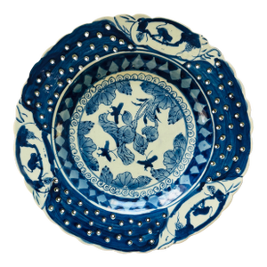 Antique Chinese Blue and White Reticulated Plate Monkeys Peaches Bats Lotus Late Qing Porcelain