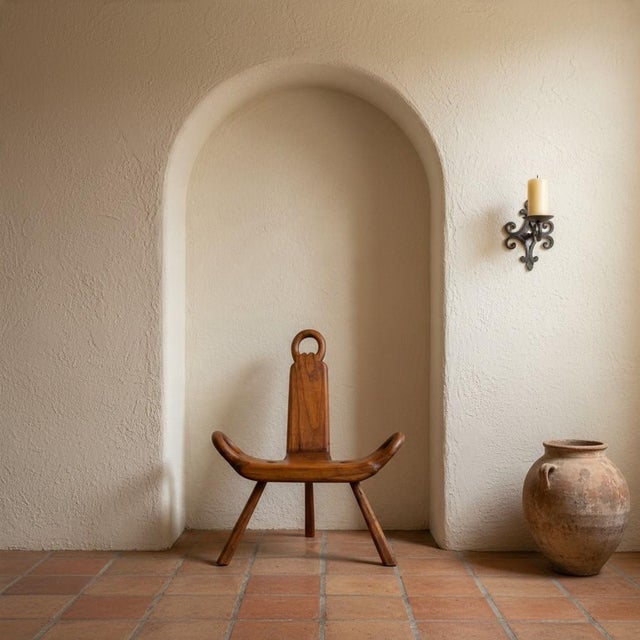 Spanish Revival Birthing Chair-Gothic Folk Art-Primitive Wood Accent Stool-Farm For Sale - Image 4 of 11