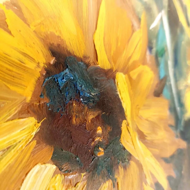 1960s Vintage Mid Century Original Sunflowers in Wooden Bucket Painting on Board Signed by Artist For Sale - Image 5 of 7