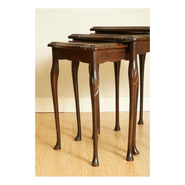 Vintage Queen Anne Style Nesting Tables with Brown Embossed Leather Tops, Set of 3 For Sale - Image 6 of 10