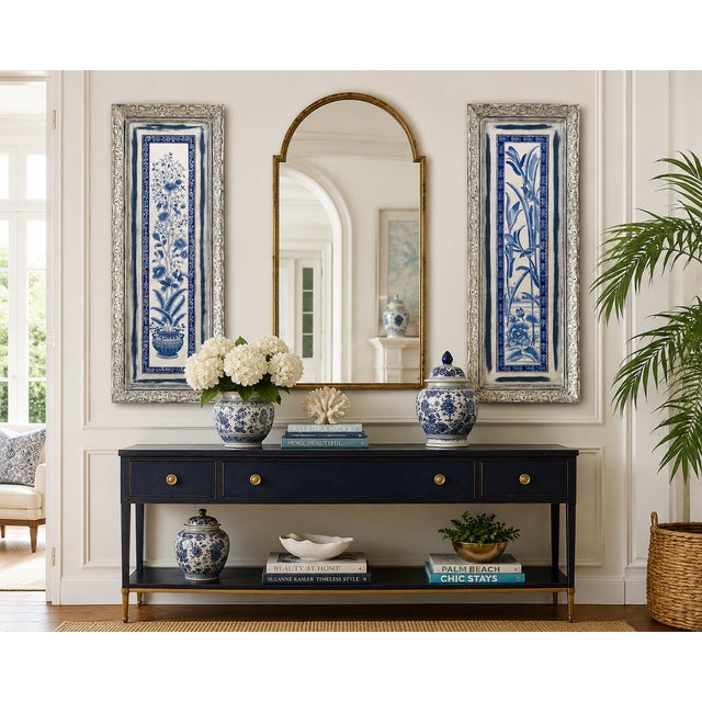 Shabby Chic Pair of Framed Hand-Painted Chinoiserie Blue & White Ceramic Tile Panels From a Hollywood Props House For Sale - Image 3 of 11