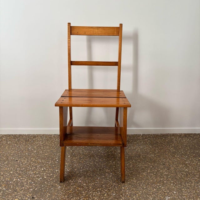 Mid-Century Modern Oak Wooden Library Ladder and Chair, Netherlands, 1930s For Sale - Image 3 of 10