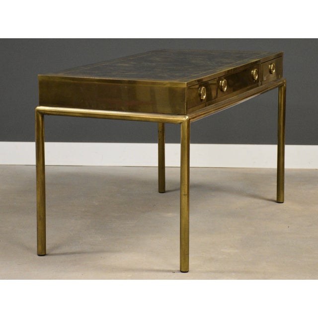 Hollywood Regency 1970’s Mastercraft Brass and Leather Top Desk For Sale - Image 3 of 12