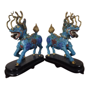 Vintage Cloisonné Qilin Figurine Censors With Bespoke Rosewood Stands- Set of 2 / Matched Pair