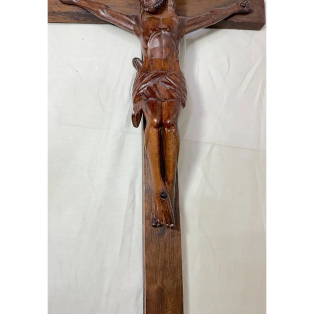 1930s Big Antique Hand Carved Wood Religious Jesus Christ Crucifix Cross Sculpture God For Sale - Image 5 of 11