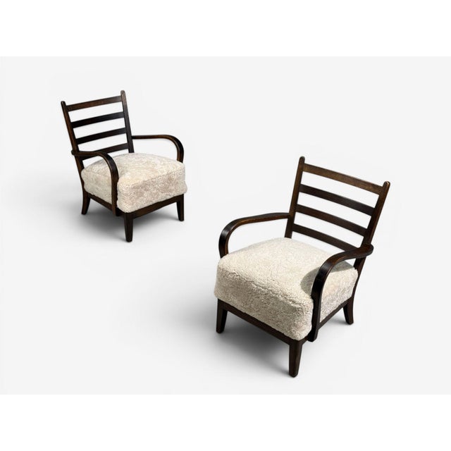 Mid-Century Modern German Modern, Lounge Chairs, Oak, Beige Shearling, Germany, 1940s For Sale - Image 3 of 13