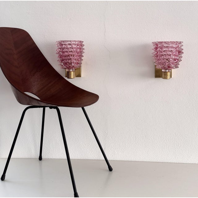 Italian Art Deco Brass and Pink Rostrato Murano Glass Wall Sconces, 1990s, Set of 2, in Flawless conditions. Designed 1950...