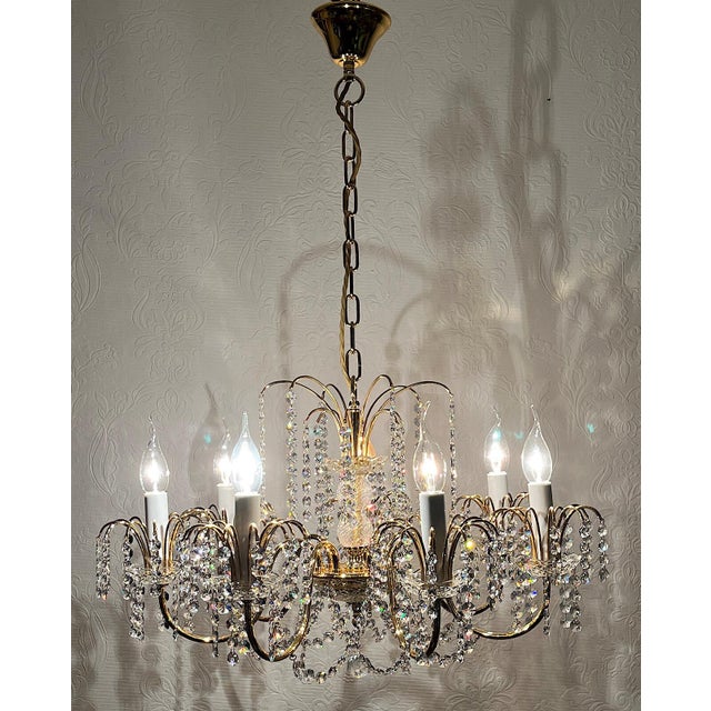 Gold Brass Lead Crystal 24k Gold Plated Seven Light Chandelier from Sölken Leuchten, 1970s For Sale - Image 8 of 10