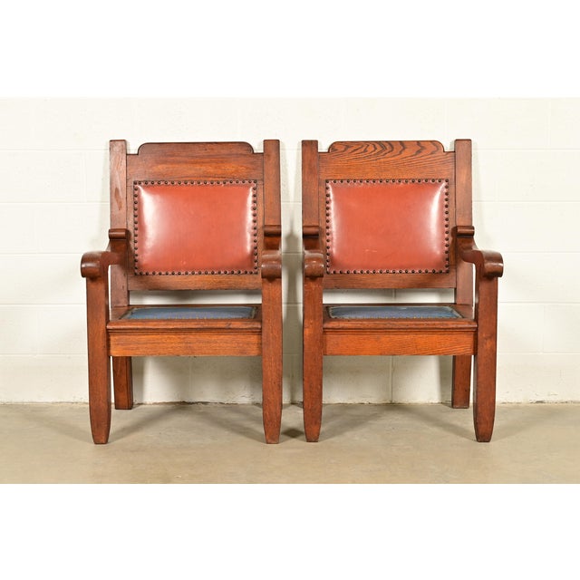 Mission Harden Furniture Style Antique Arts & Crafts Carved Oak Library Chairs, Pair For Sale - Image 3 of 12