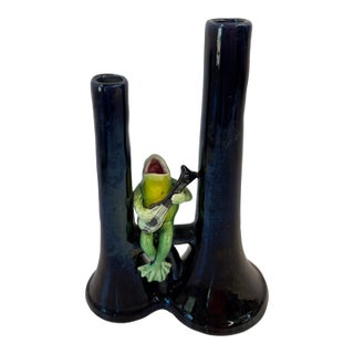 Mid Century Double Bud Vase With Frog Playing Guitar in the Style of Jerome Messier For Sale