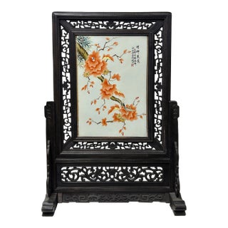 Chinese Orange Blossoms Porcelain Painting Wood Frame Tabletop Screen Art For Sale