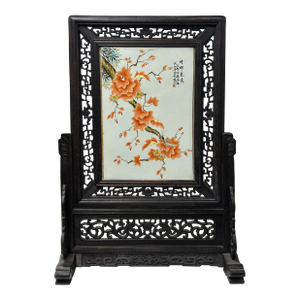 Chinese Orange Blossoms Porcelain Painting Wood Frame Tabletop Screen Art