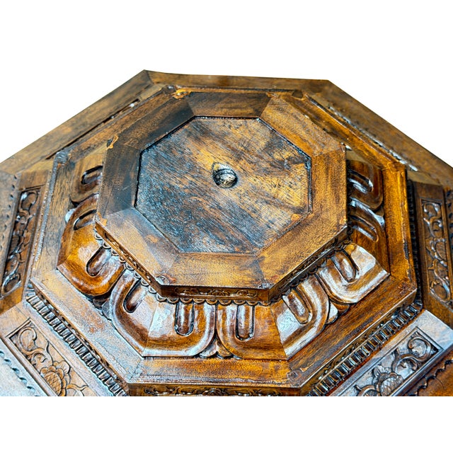 4.5" Vintage Octagonal Wood Carved Steps Lotus Motif Display Base Stand For Sale In San Francisco - Image 6 of 7