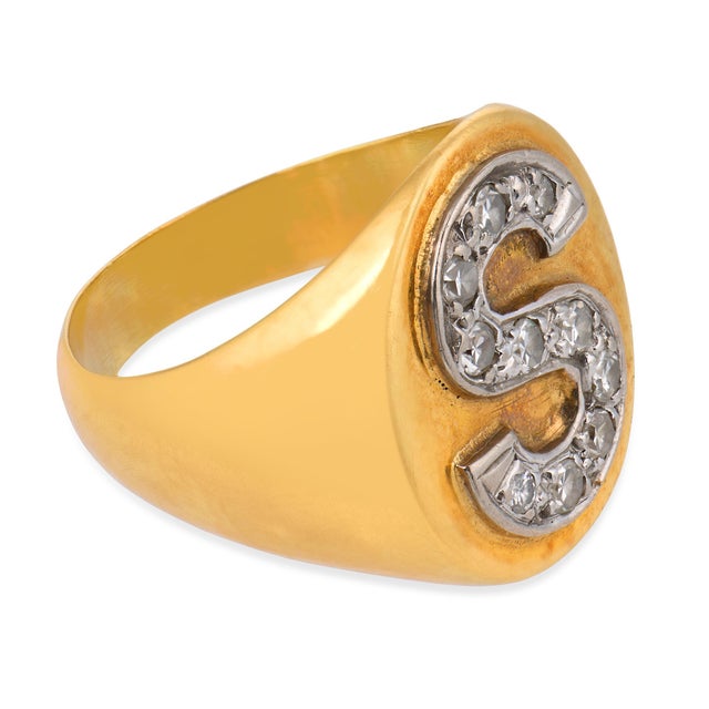 Vintage Diamond 18k Two Tone Gold Signet "S" Ring, Size 4 For Sale - Image 4 of 7