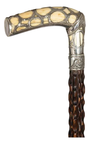 Vintage Carved Hardwood Sterling Silver Overlaid Cane Walking Stick