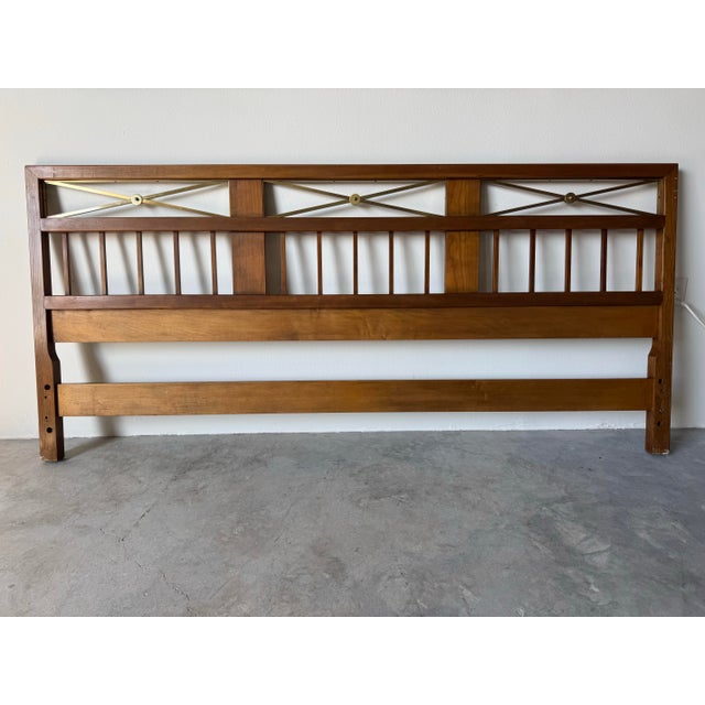 1960s Baker Hollywood Regency Walnut & Brass King Size Headboard For Sale - Image 4 of 11