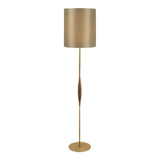 Brushed Brass With Faux Grained Wood Slender Floor Light For Sale