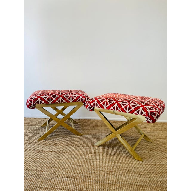 Metal Vintage 1970s Pair of Brass X Base Weiman / Warren Lloyd Mastercraft Geometric Velvet Upholstered Stools Ottomans For Sale - Image 7 of 18