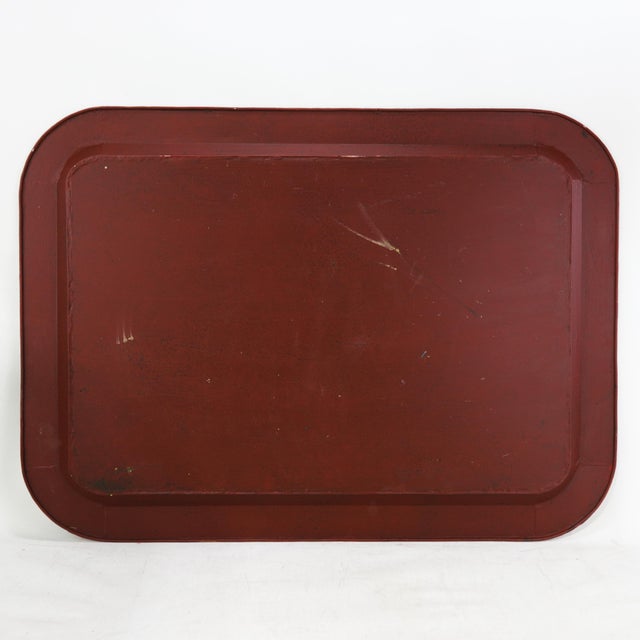 Early 21st Century Vintage Red Lacquer Rectangular Tray With Hand Painted Gold Asian Festival Scene and Chinoiserie Style For Sale - Image 5 of 13