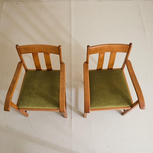 French Oak Armchair with Olive Green Velvet Upholstery, 1950s - 2 Available For Sale - Image 9 of 11