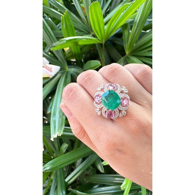 Set in 18k Rose Gold, Emerald, Pink Sapphires & Rose Cut Diamonds Cocktail Ring, Size 6.5 For Sale - Image 9 of 12