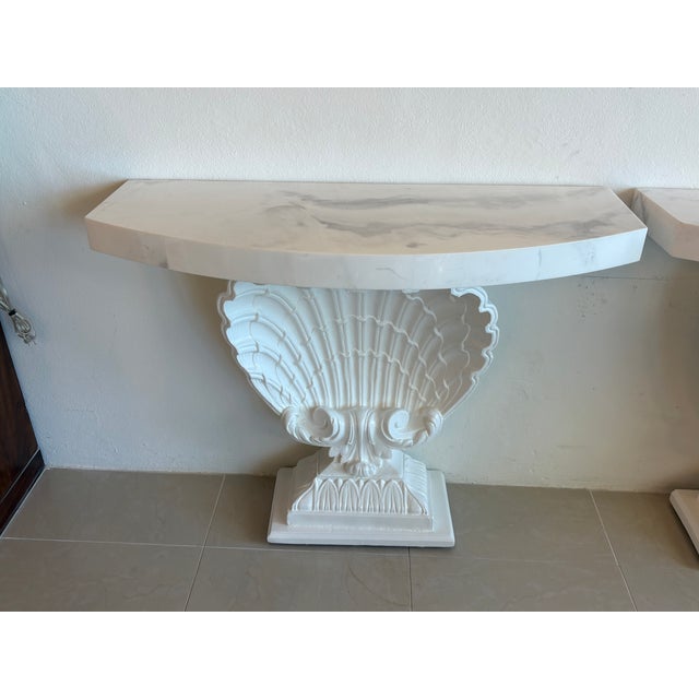 Grosfeld House Seashell Shell Scalloped Pair Demi Lune Wall Console Table Marble For Sale - Image 9 of 18