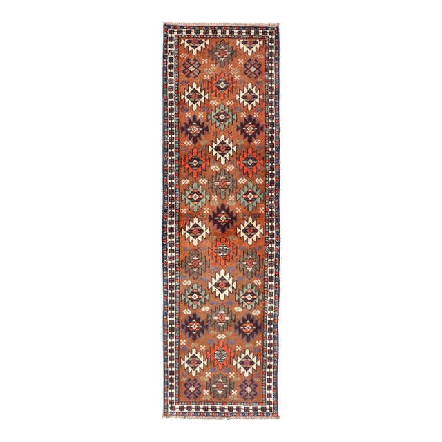 Vintage Turkish Kars Runner With Tribal Motif Design in Orange-Brown Colors 1'9 X 6'5 For Sale