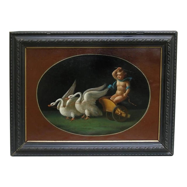 C1870 Italian Fine Antique Painting "Cupid in the Chariot of Swans" Framed For Sale