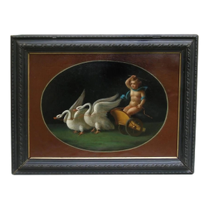 C1870 Italian Fine Antique Painting "Cupid in the Chariot of Swans" Framed