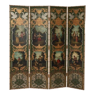 Antique Hand Painted Leather on Board Four Panel Dressing Screen 20thC For Sale